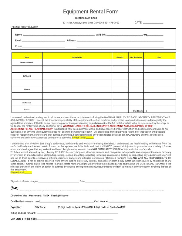 Rental Form - Freeline Surf Shop